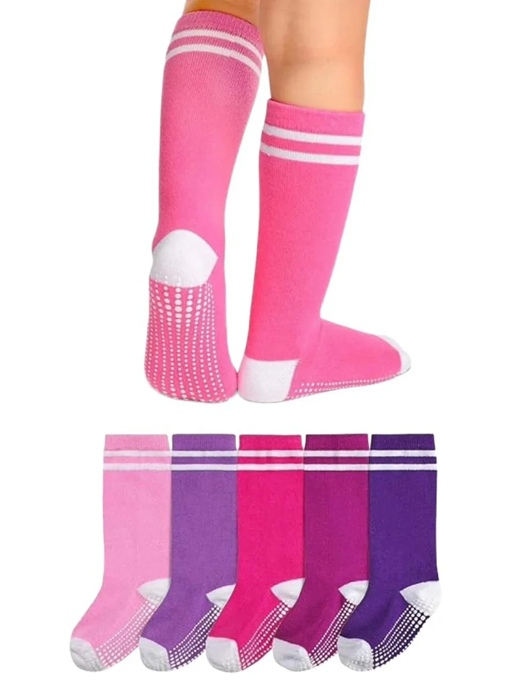 Girls Grip Knee High Socks 5 Pack Pink Purple LA Active 7-9Y